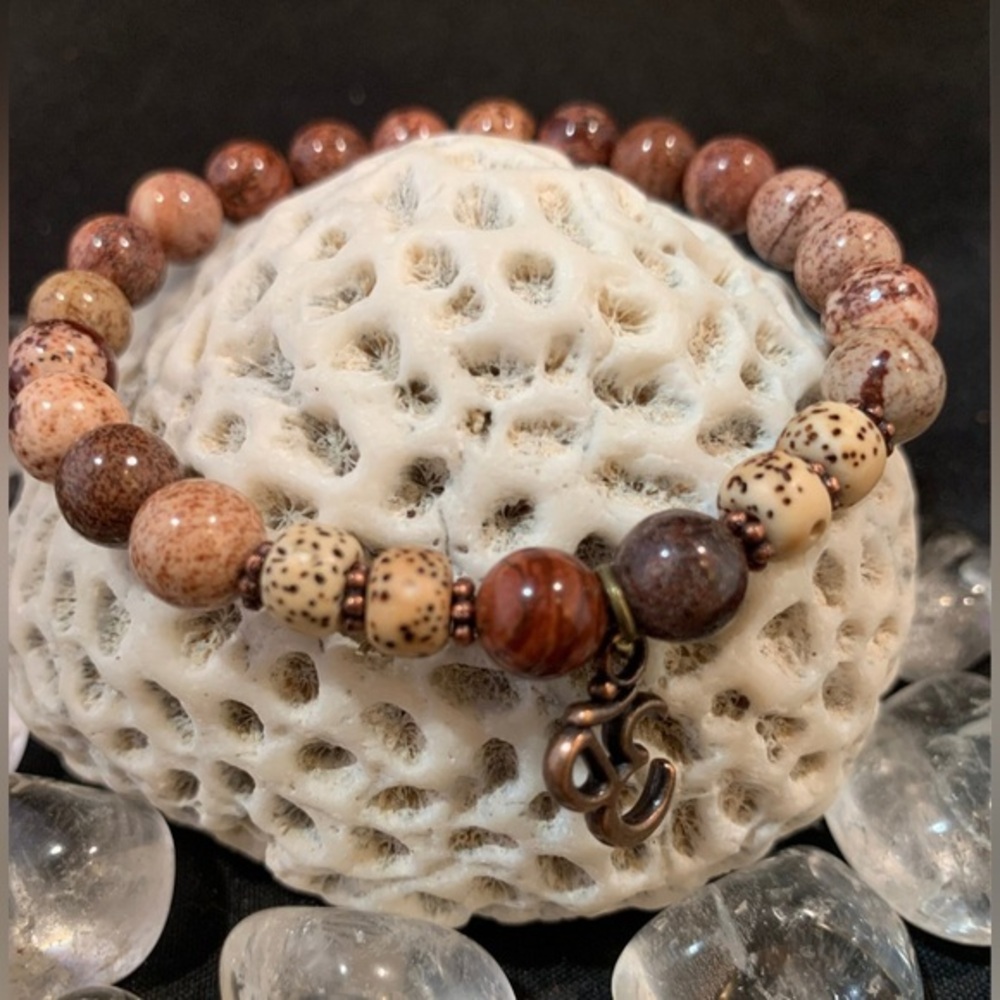 Desert Polychrome Jasper 8mm Bead Stretch Elastic Bracelet / Stackable /Om Charm